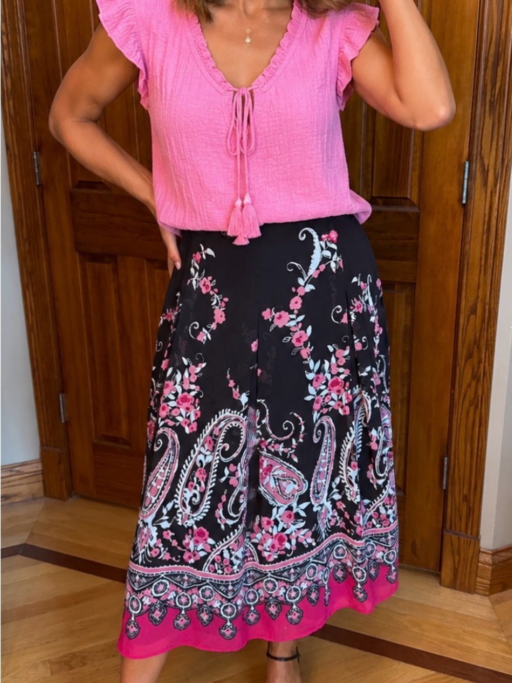East 5th Black Midi Skirt with Pink Paisley Floral Border